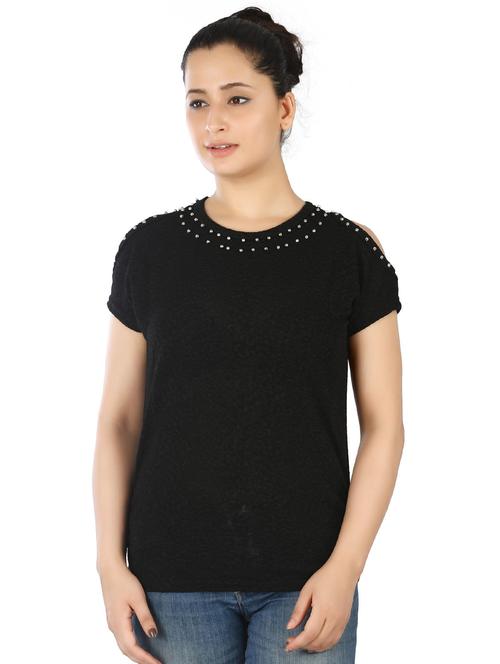 black round neck cold shoulder sleeves regular top - 20166142 - Standard Image - 0