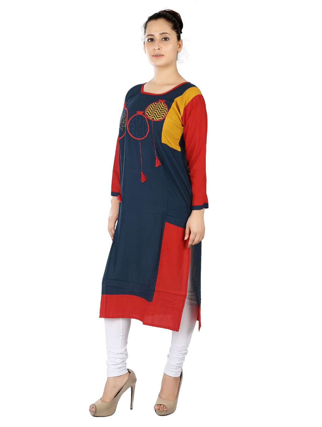 blue & red colourblocked detailed straight kurta - 20166228 - Standard Image - 1