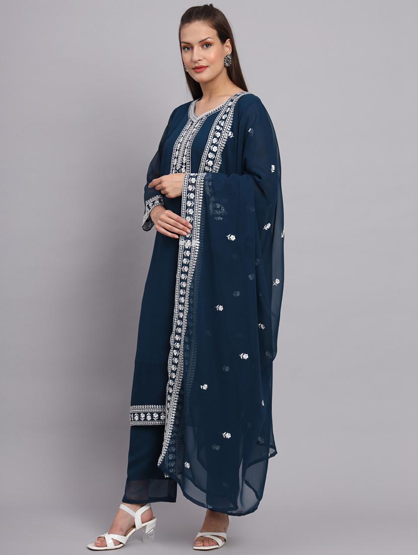 teal embroidered round neck kurta with dupatta set - 20167197 -  Standard Image - 1