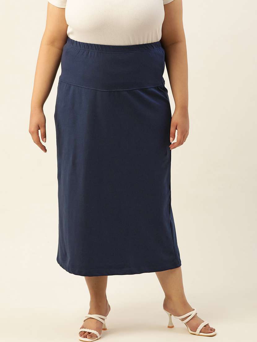 navy blue solid high rise a-line midi skirt