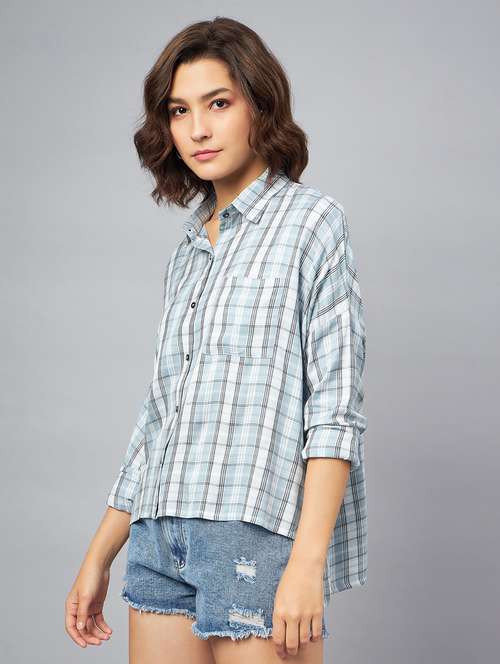blue & white checkered boxy fit shirt - 20167248 -  Standard Image - 0