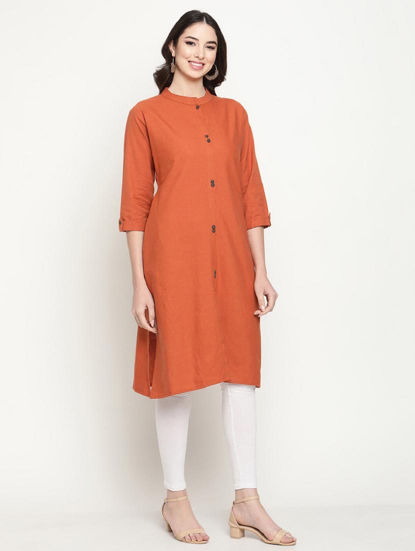 orange mandarin neck straight kurta - 20167358 - Standard Image - 1