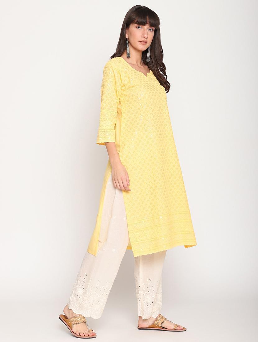 yellow notch neck straight kurta - 20167361 - Standard Image - 1