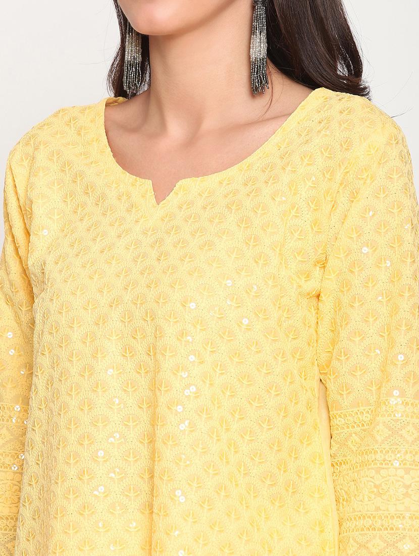 yellow notch neck straight kurta - 20167361 - Standard Image - 4