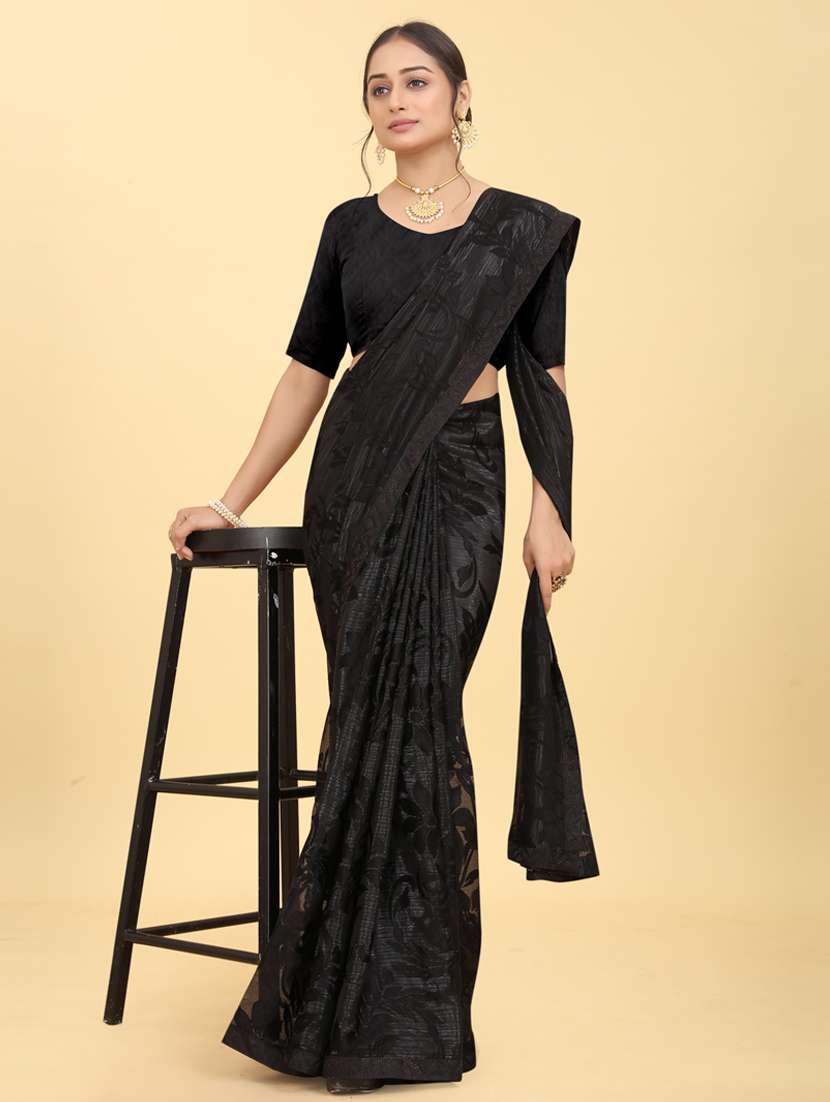 black shimmer satin brasso stone work saree with blouse - 20167409 -  Standard Image - 1