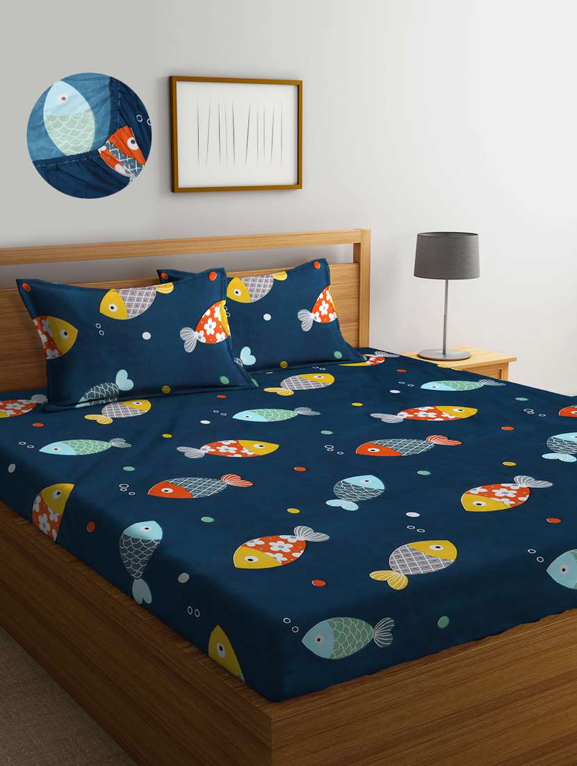 cotton printed fitted double bedsheet with 2 pillow covers