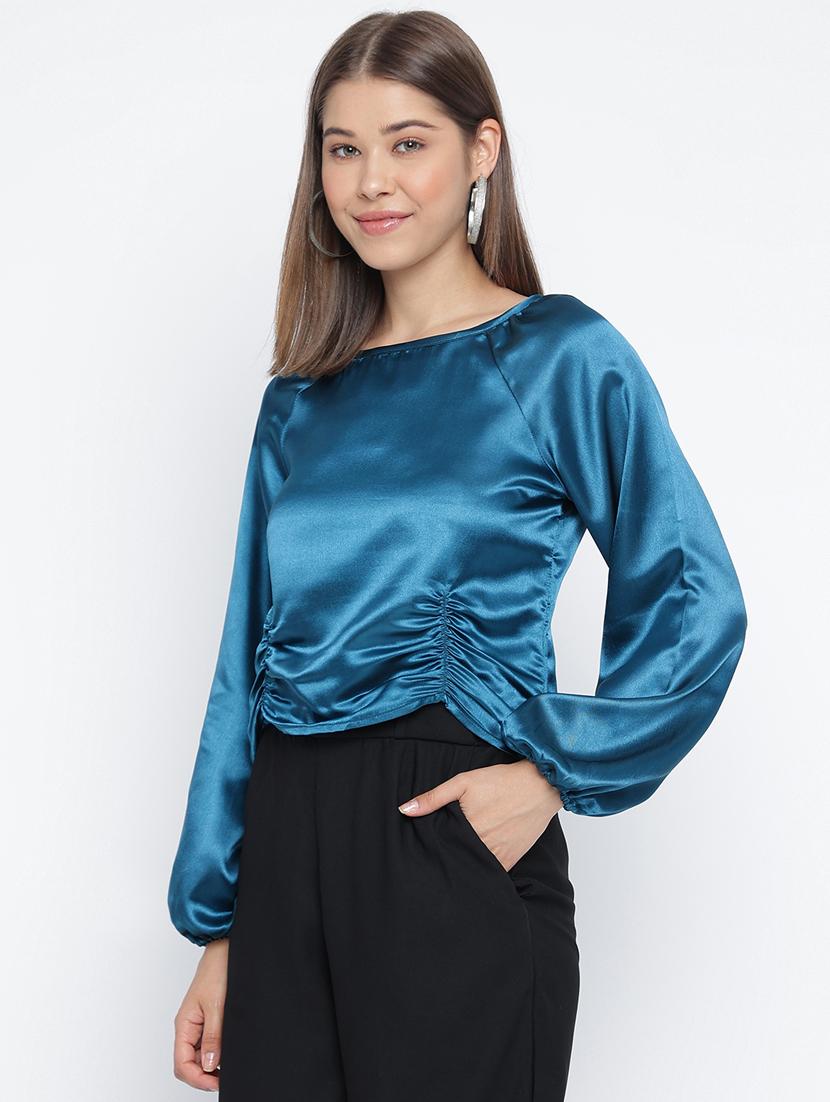 blue solid round neck regular fit crop top - 20168476 - Standard Image - 1