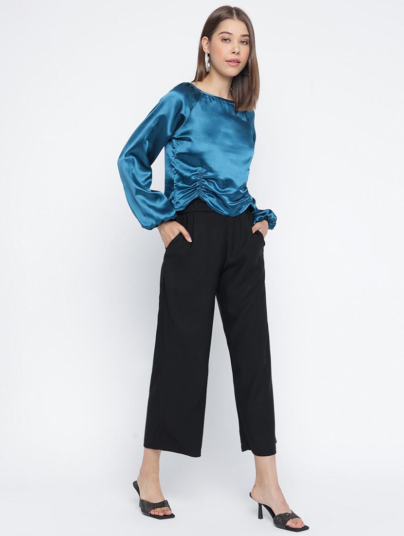 blue solid round neck regular fit crop top - 20168476 - Standard Image - 4