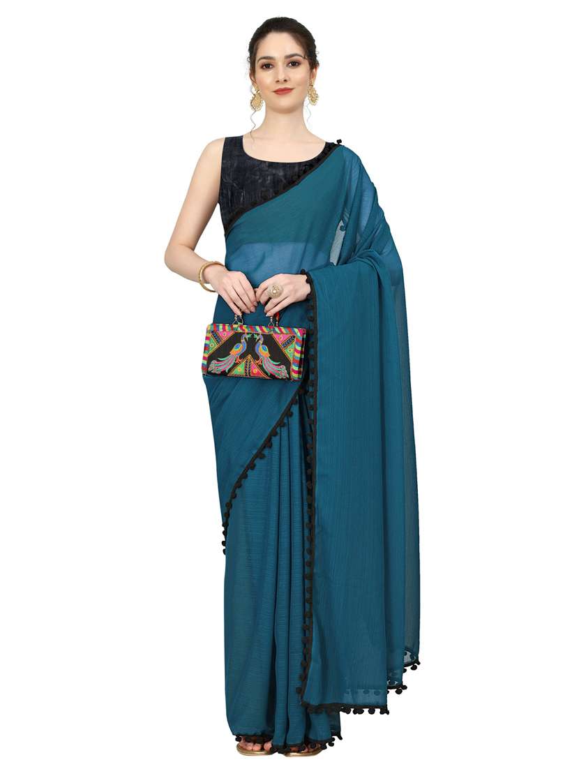 women's solid teal colored saree with blouse