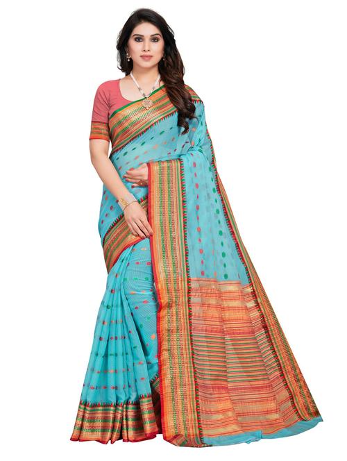 women's checks blue colored saree with blouse - 20168663 - Standard Image - 0
