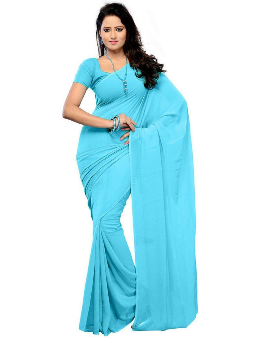 women's solid aqua blue colored saree with blouse