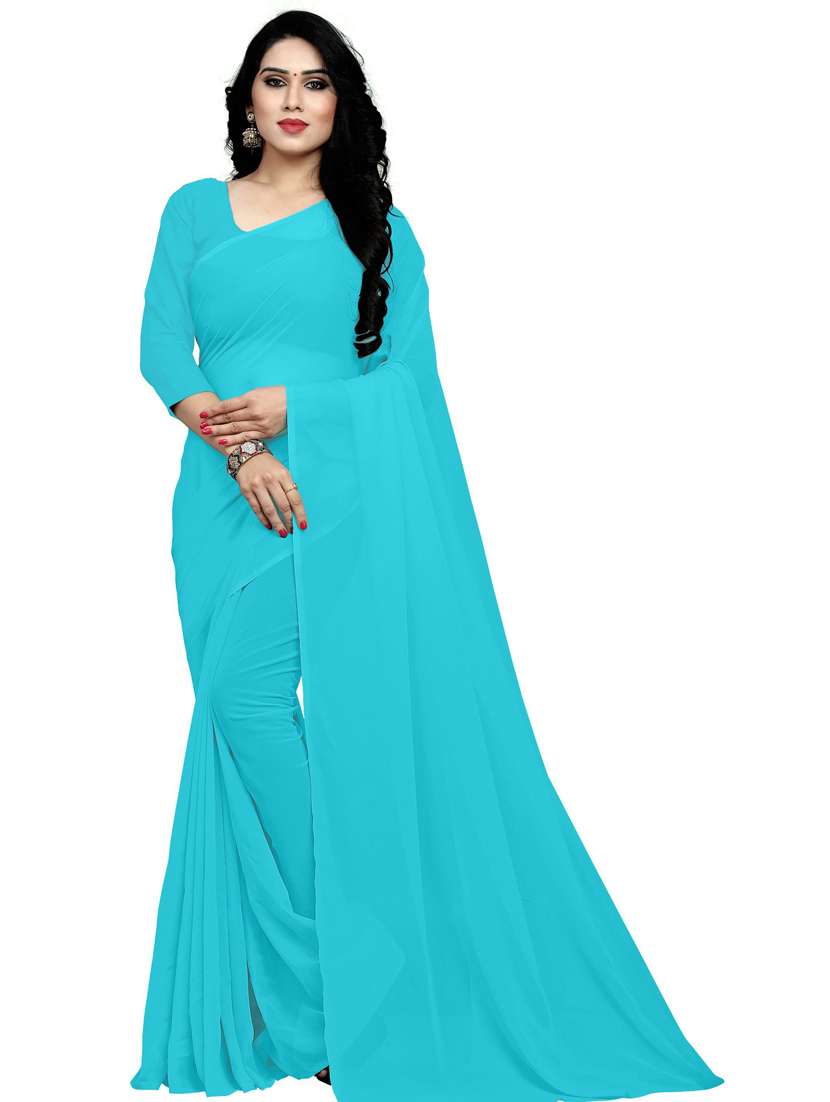 women's solid blue colored saree with blouse