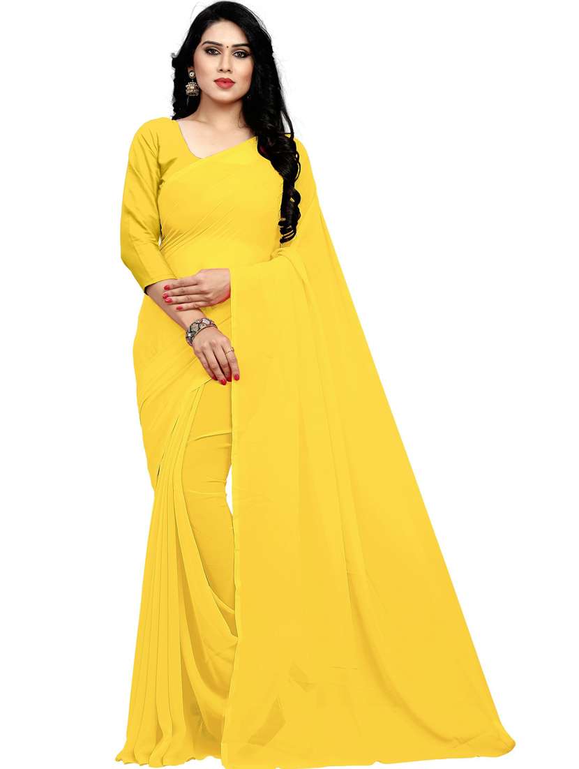 women's solid yellow colored saree with blouse
