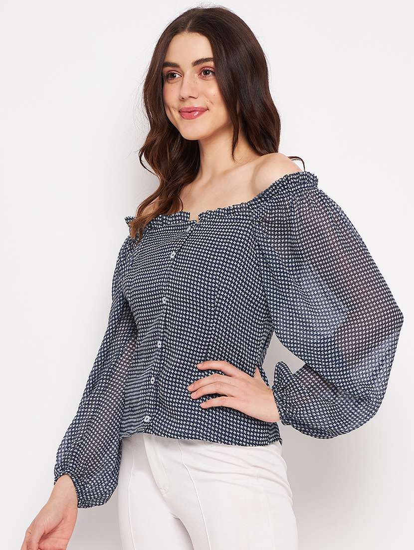 blue printed off shoulder regular fit top - 20168961 -  Standard Image - 1
