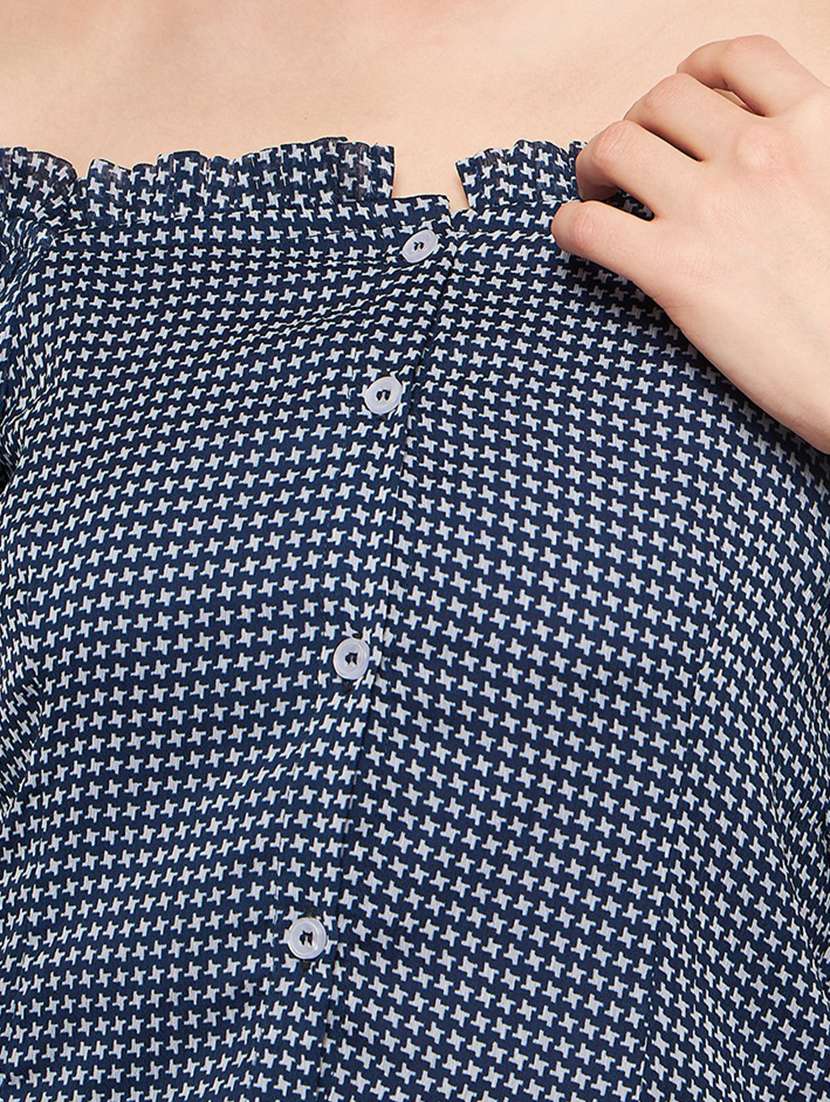 blue printed off shoulder regular fit top - 20168961 -  Standard Image - 4