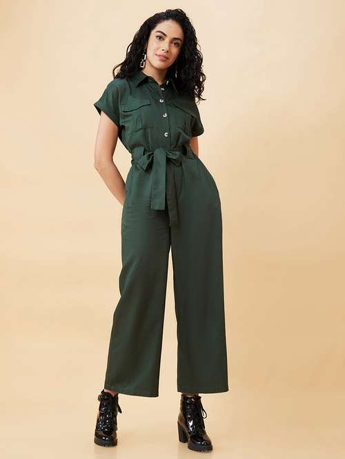 globus women olive shirt collar chest pocket waist tie up long jumpsuit  - 20171185 -  Standard Image - 0