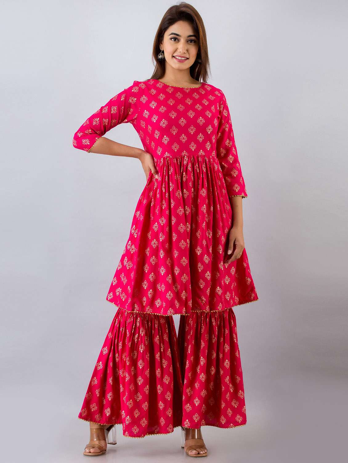 gold print kurta sharara set