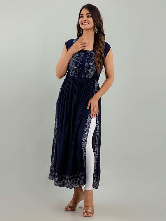 navy blue round neck a-line kurta - 20171450 -  Standard Image - 1