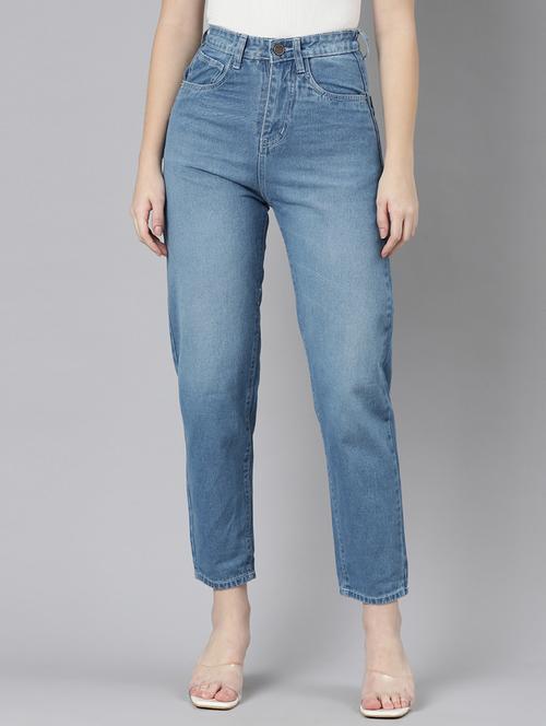 blue solid high rise mom fit ankle length jeans - 20172374 - Standard Image - 0