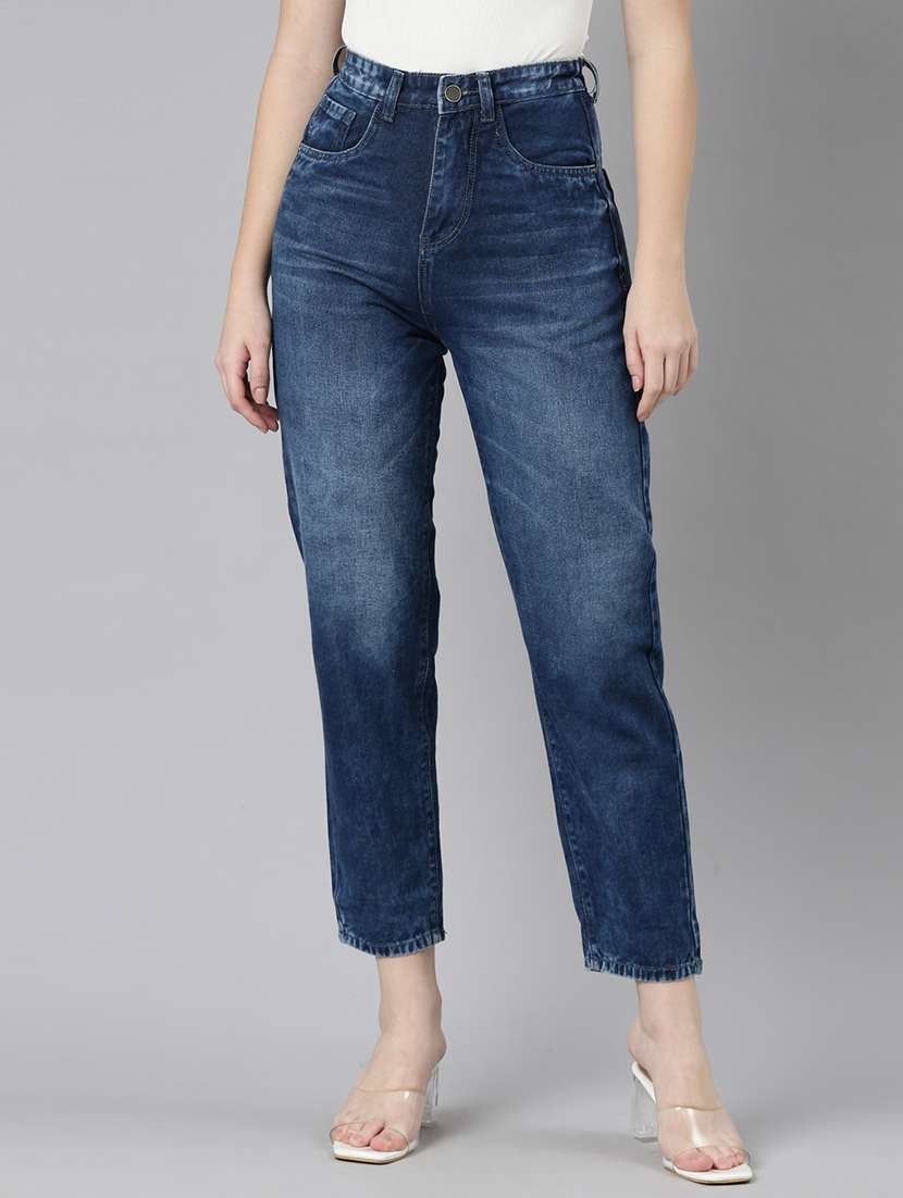 dark blue high rise mom fit ankle length jean