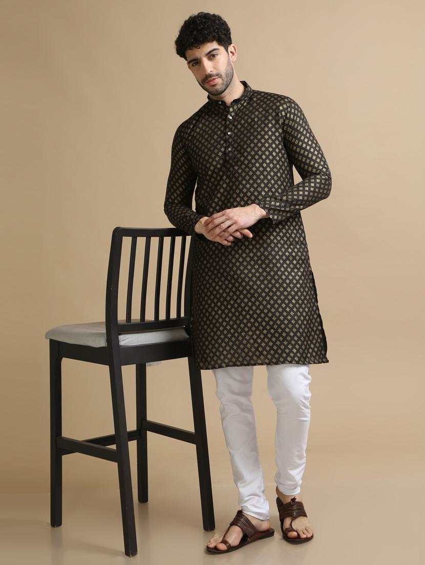 black cotton kurta pyjama ethnic wear set - 20173928 -  Standard Image - 1