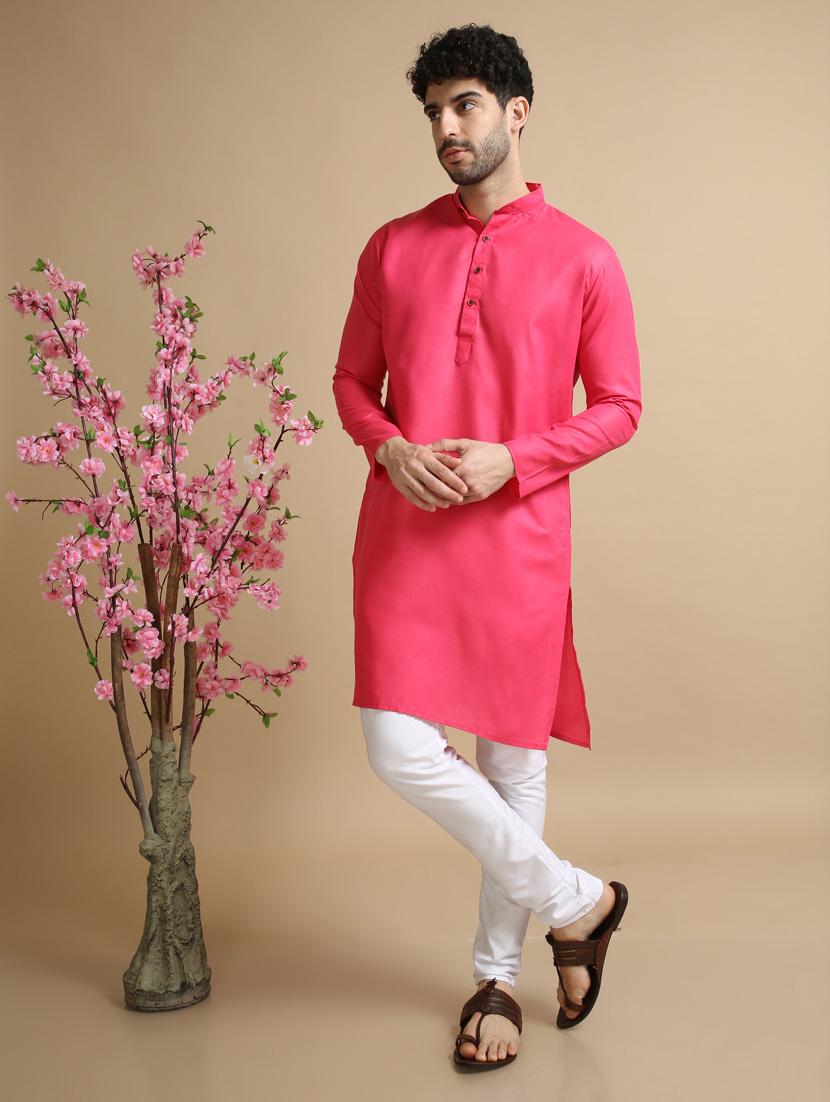 pink cotton plain long legnth kurta pyjama - 20173946 - Standard Image - 1