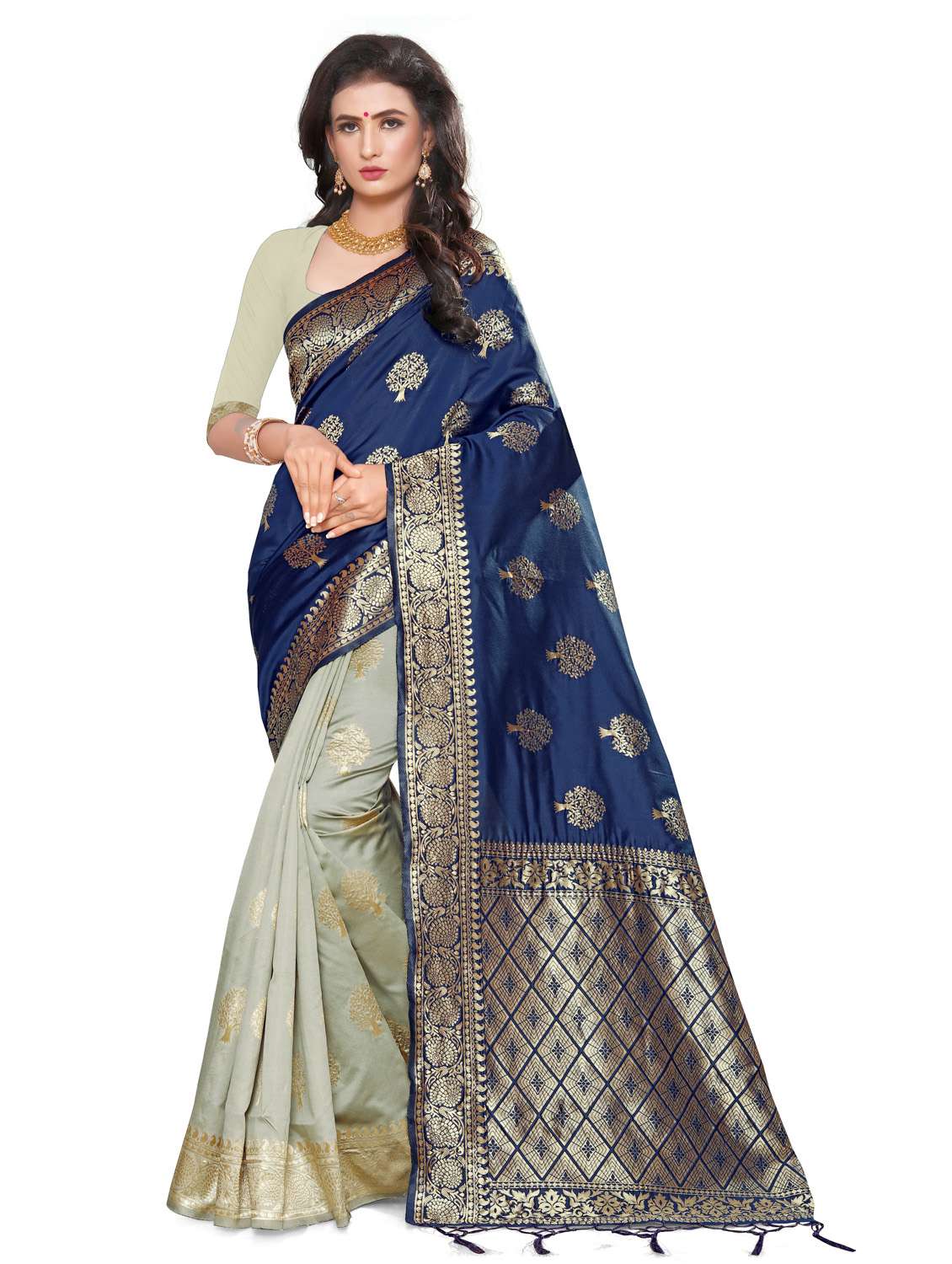 women's self design navy blue colored saree with blouse
