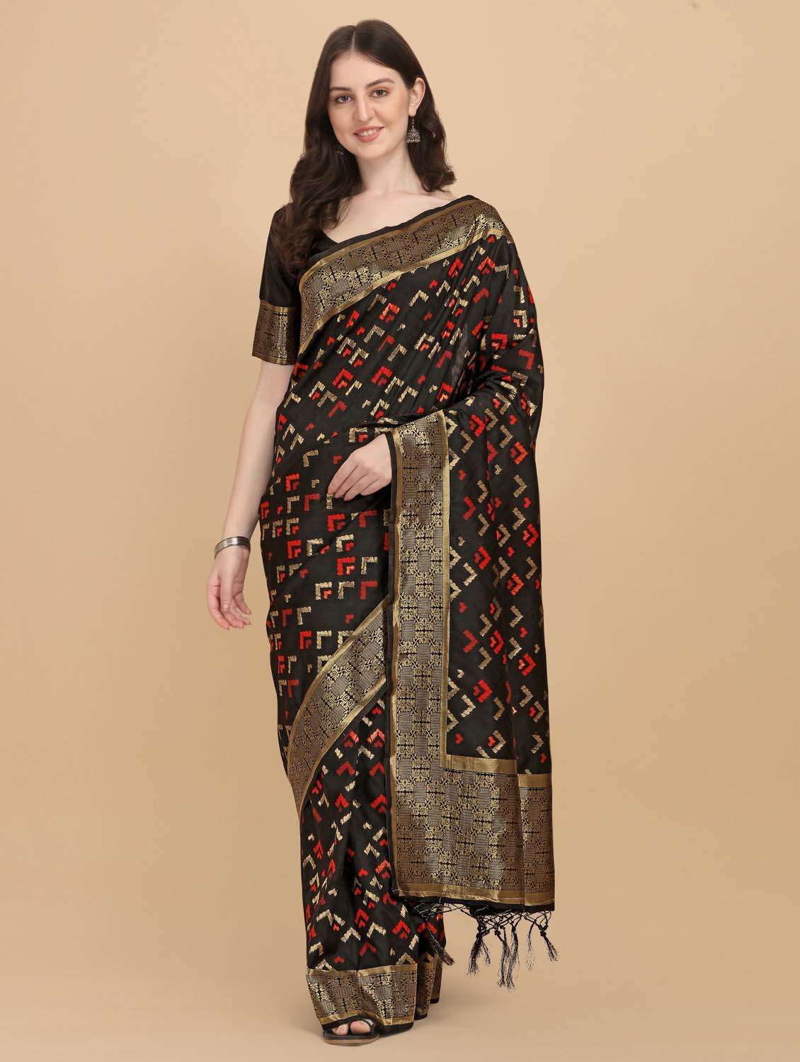 women's self design black colored saree with blouse