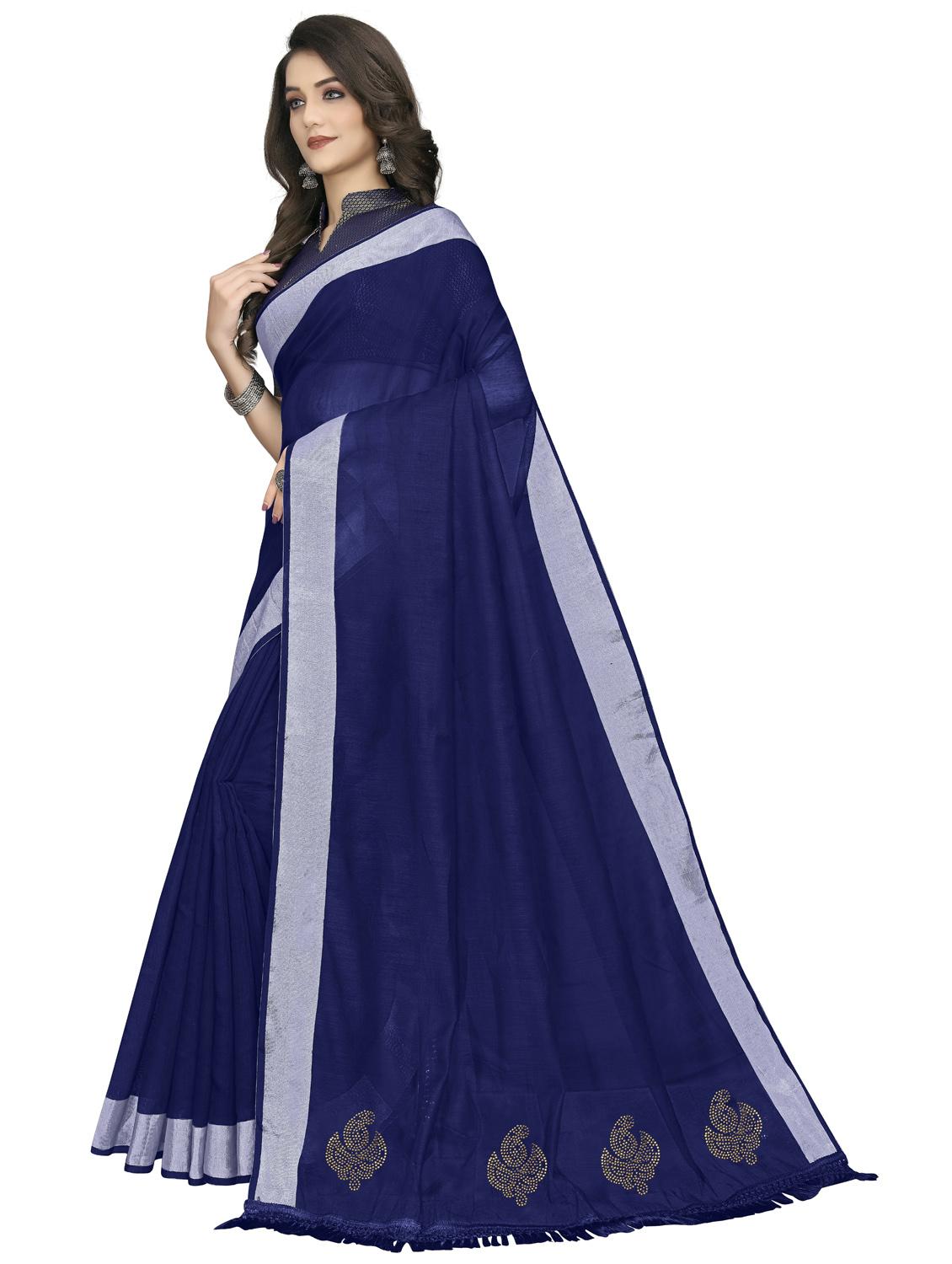 women's bordered navy blue colored saree with blouse - 20175483 -  Standard Image - 1