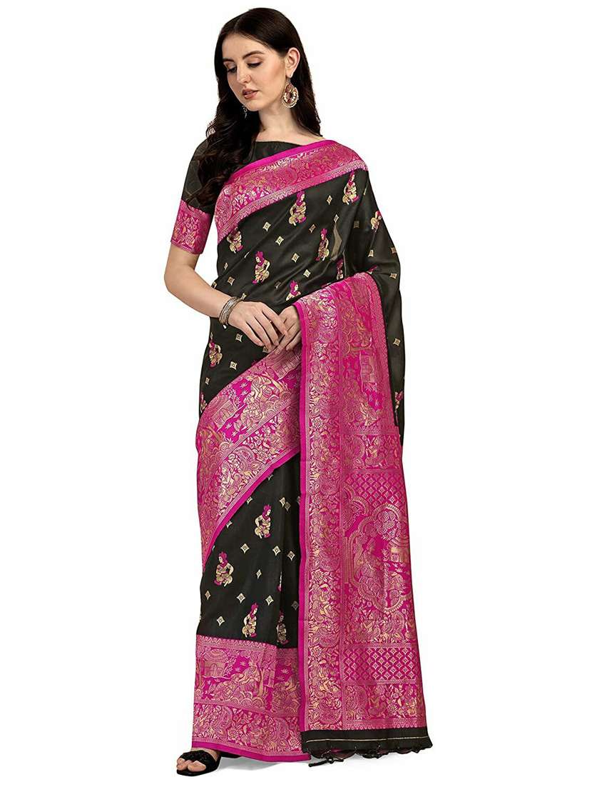 women's self design black colored saree with blouse