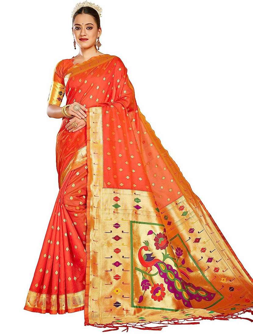 Orange Self Design Paithani Saree With Blouse - 20175618 -  Standard Image - 1