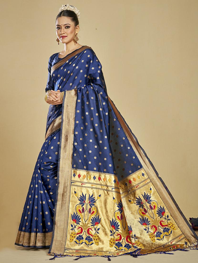 dark blue self design kanjivaram saree with blouse - 20175631 - Standard Image - 1