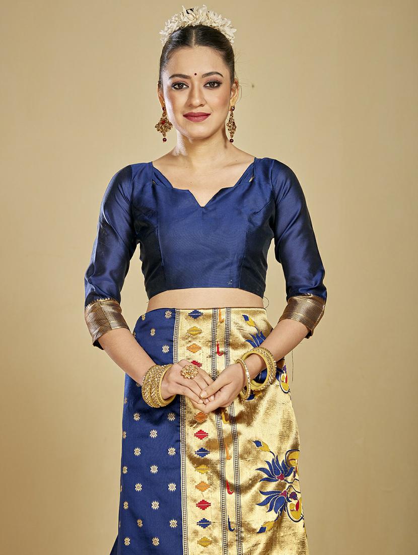 dark blue self design kanjivaram saree with blouse - 20175631 - Standard Image - 4