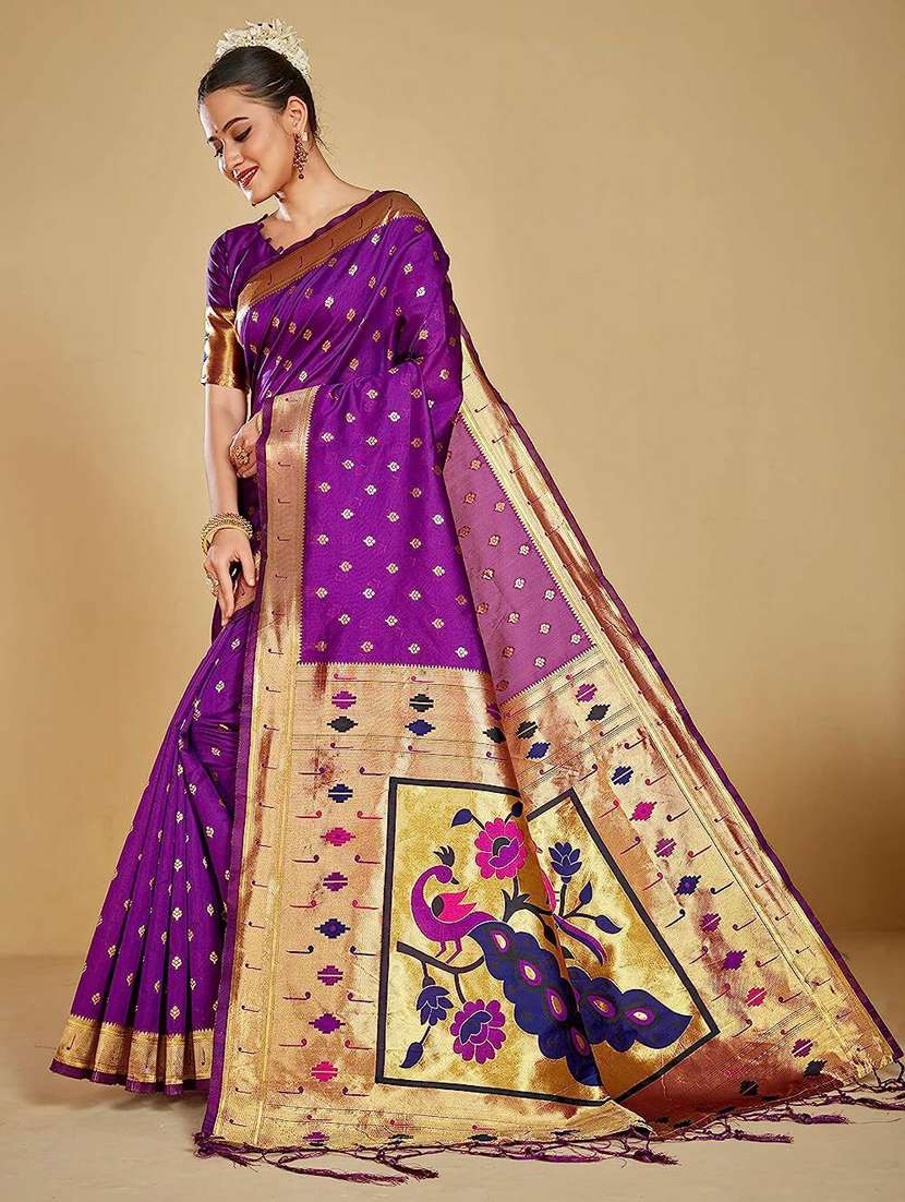 purple self design paithani saree with blouse - 20175646 -  Standard Image - 1