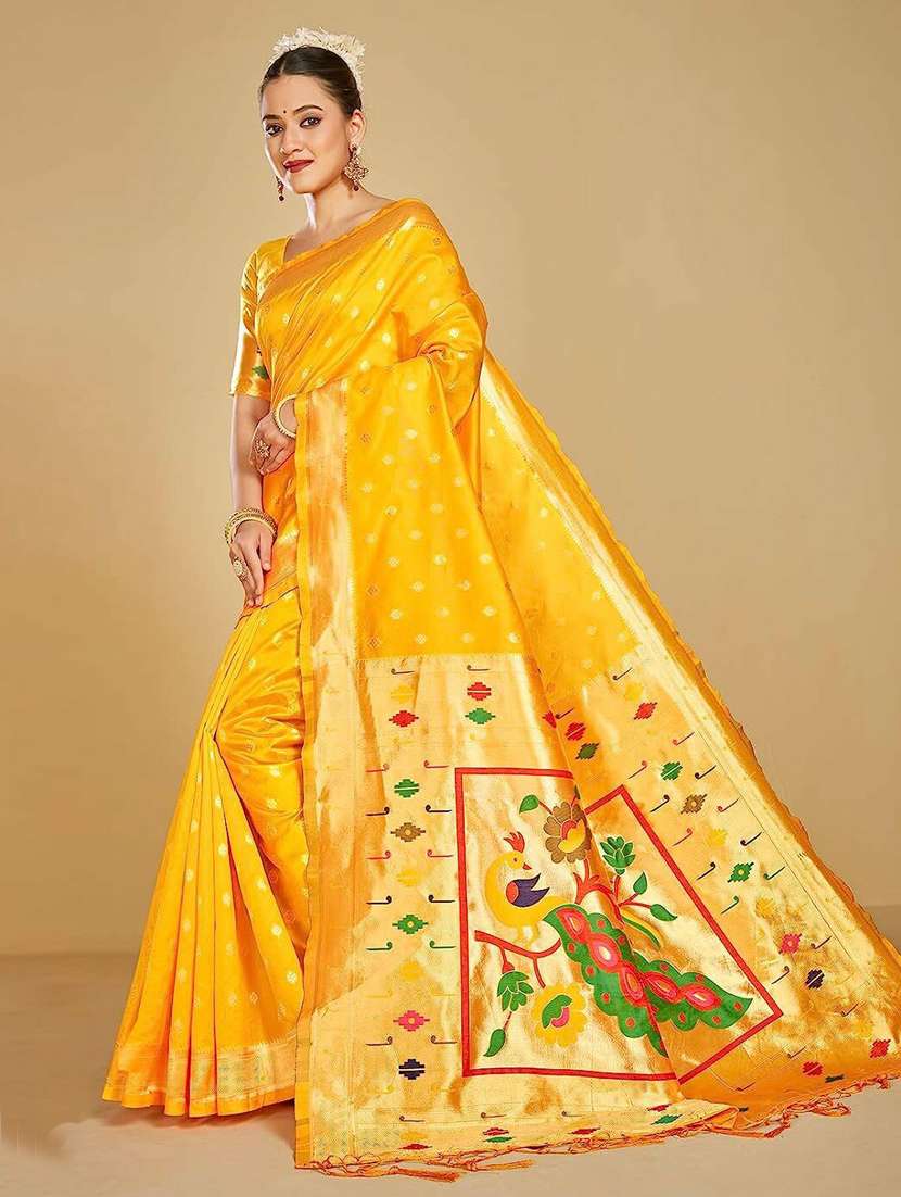 women's self design mustard colored saree with blouse