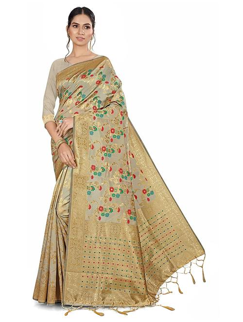 women's floral beige colored saree with blouse - 20175762 - Standard Image - 0
