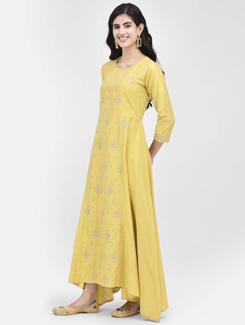 yellow solid round neck a-line ethnic dress - 20178356 - Standard Image - 1
