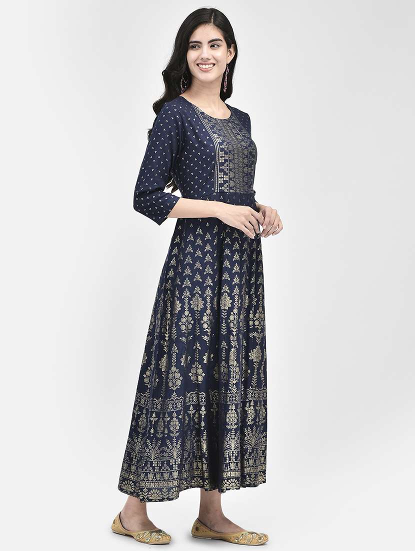 round neck foil printed a-line ethnic dress - 20178357 -  Standard Image - 1