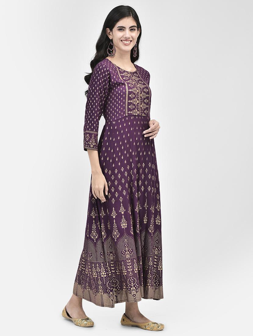 round neck foil printed a-line ethnic dress - 20178359 - Standard Image - 1