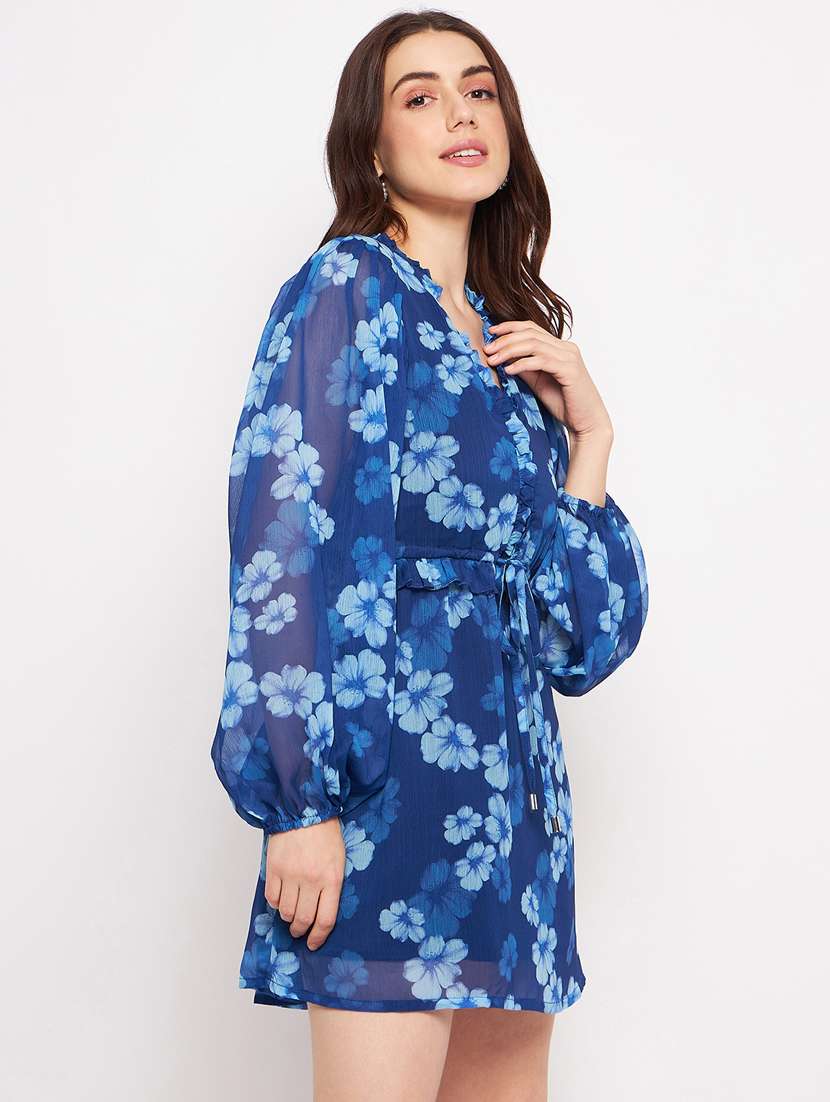 navy blue floral print puff sleeves a-line dress - 20178537 -  Standard Image - 1