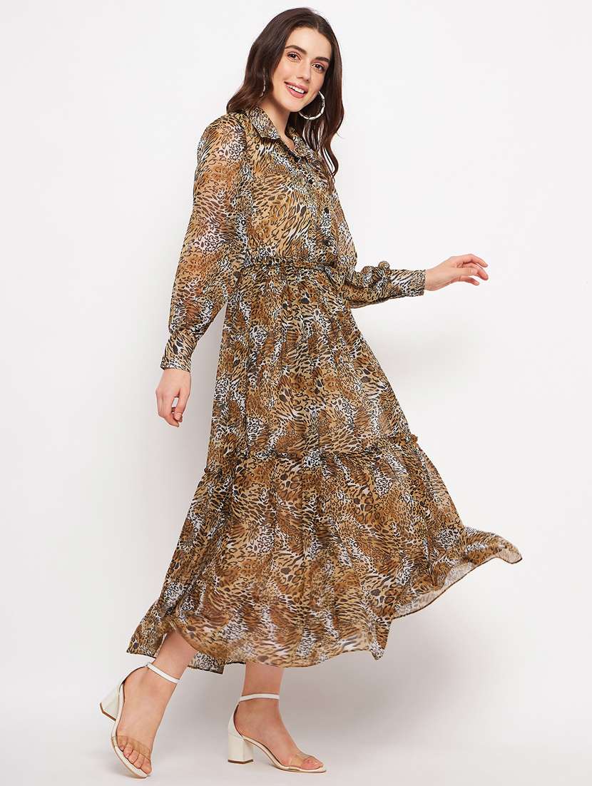 beige animal print bishop sleeves tiered dress - 20178542 -  Standard Image - 1