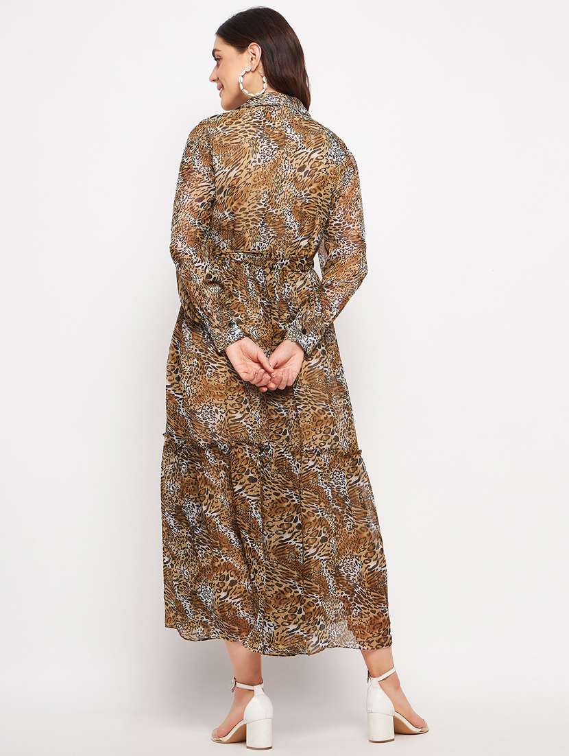 beige animal print bishop sleeves tiered dress - 20178542 -  Standard Image - 4