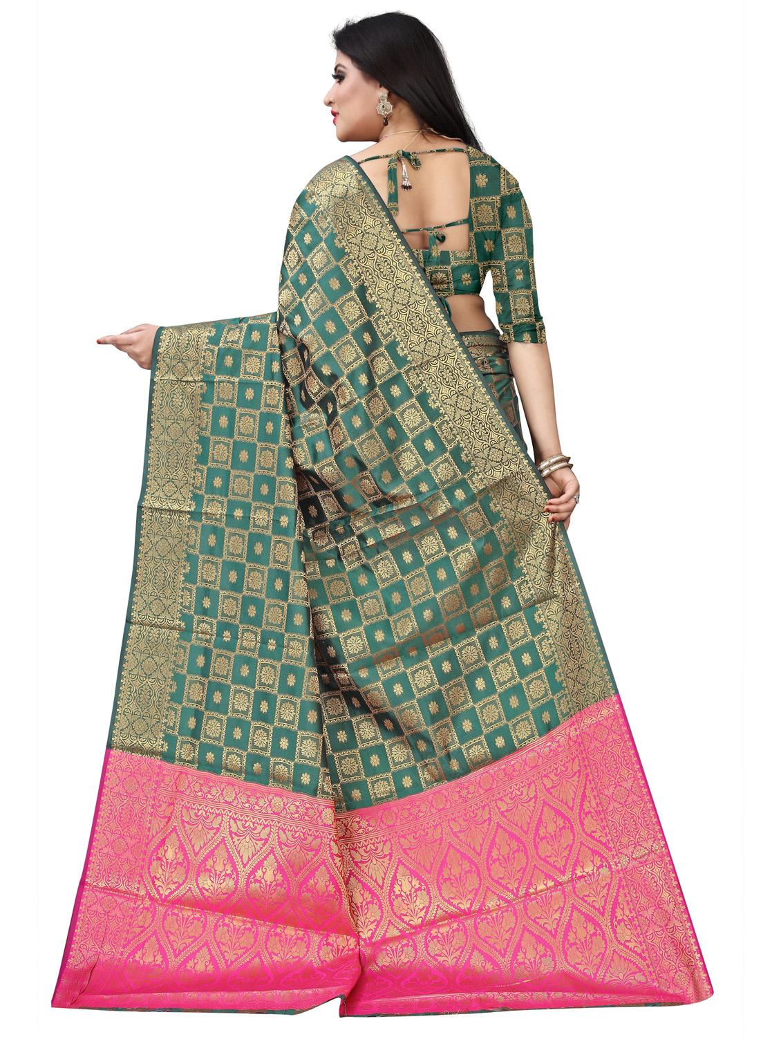 dark green self design banarasi saree with blouse - 20178591 -  Standard Image - 1