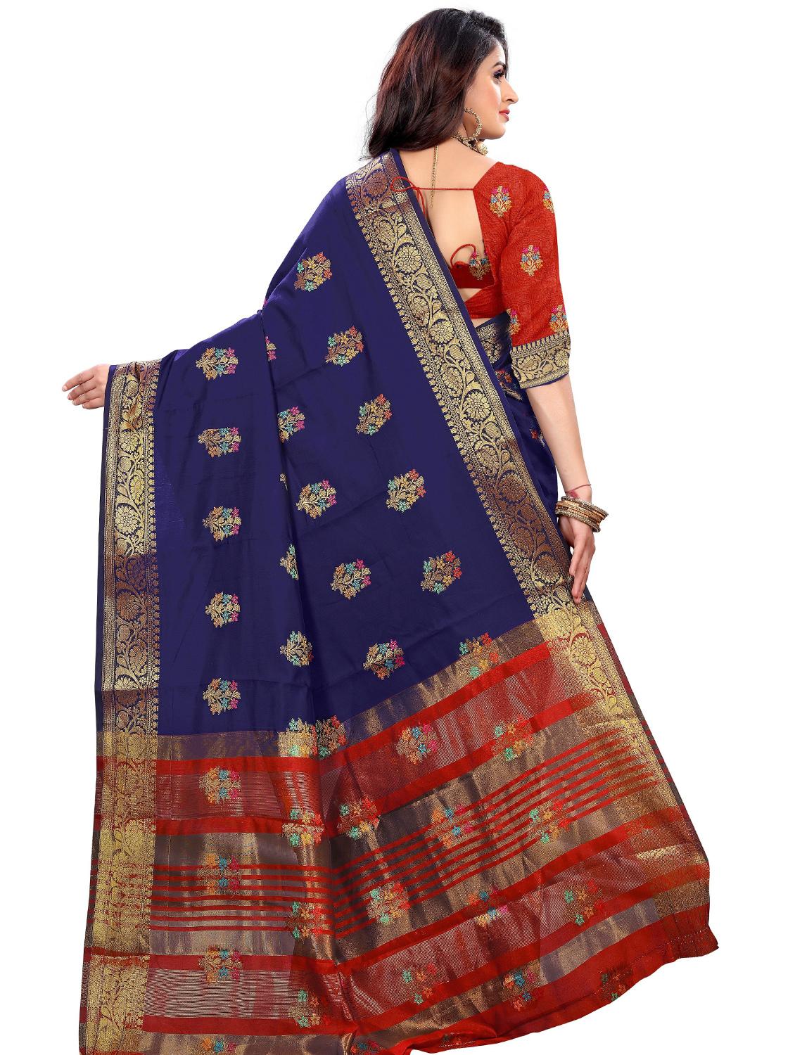 dark blue silk blend banarasi saree with blouse - 20178616 - Standard Image - 1
