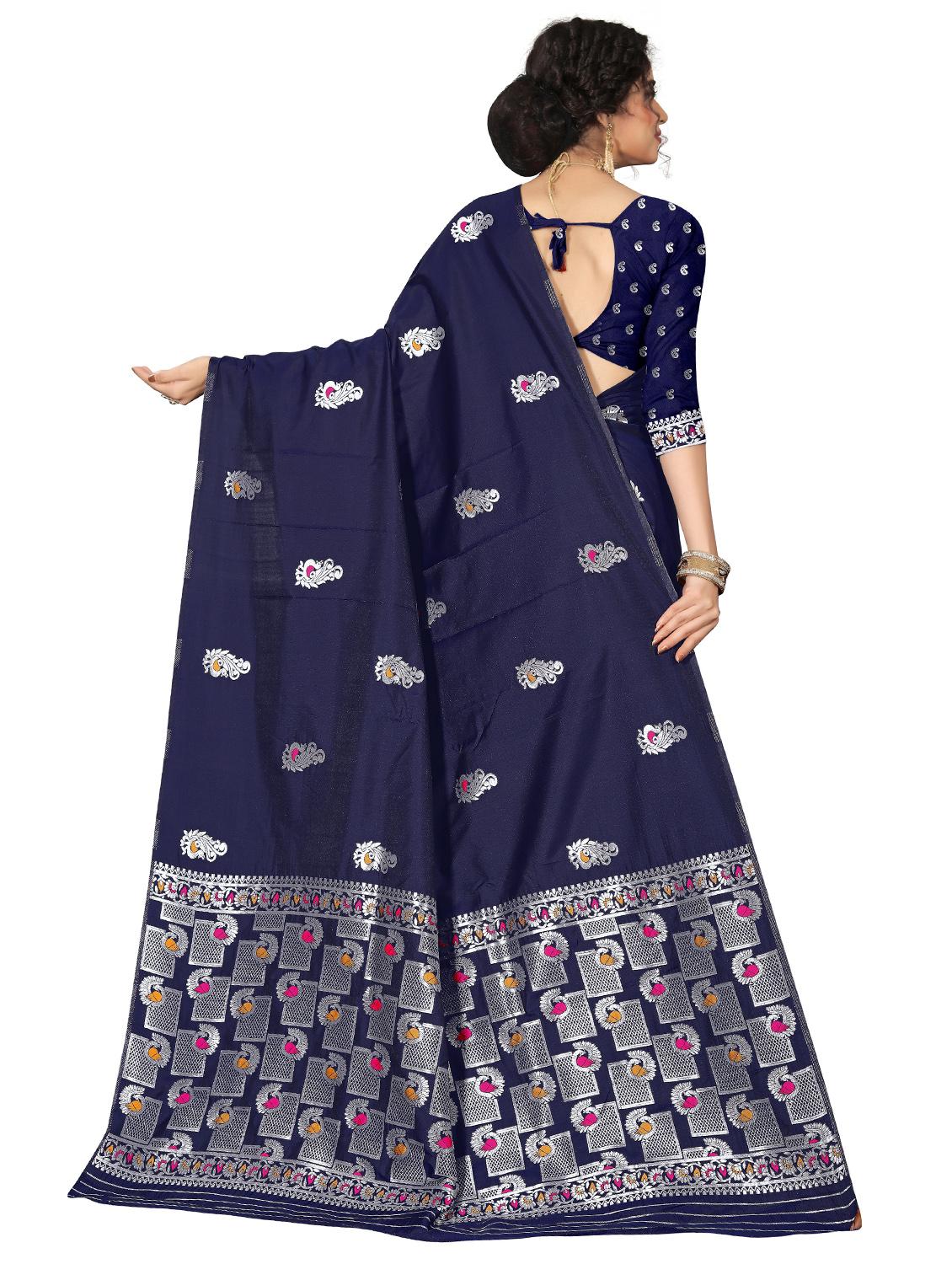 dark blue self design woven saree with blouse - 20178632 -  Standard Image - 1