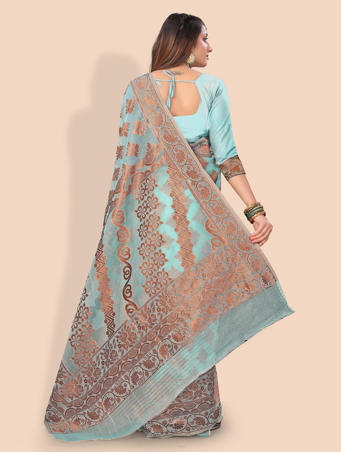 blue self design woven saree with blouse - 20178654 - Standard Image - 1