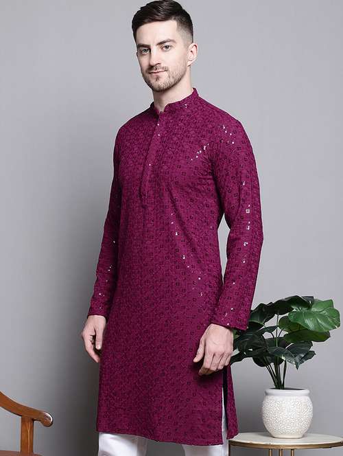 men solid with work mandarin neck long kurta - 20182042 -  Standard Image - 0