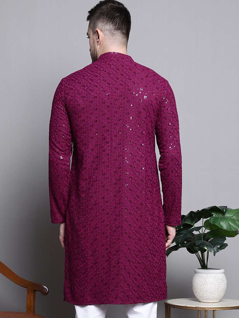 men solid with work mandarin neck long kurta - 20182042 -  Standard Image - 1