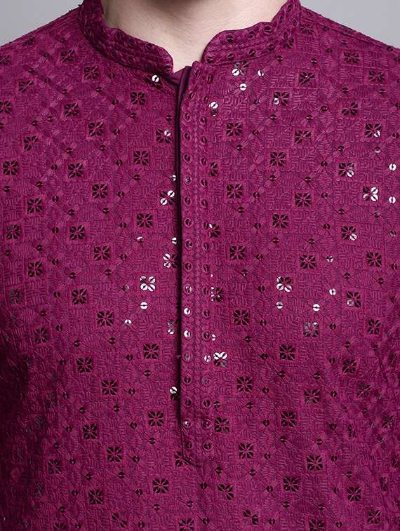 men solid with work mandarin neck long kurta - 20182042 -  Standard Image - 4