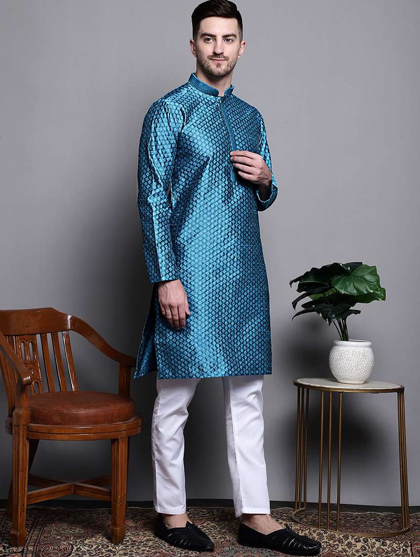 peacock silk blend kurta pyjama ethnic wear set - 20182052 -  Standard Image - 1